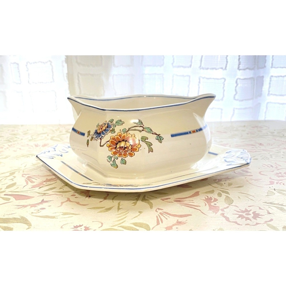 Vintage WH Grindley & Co Gravy Boat Attached Underplate Floral England